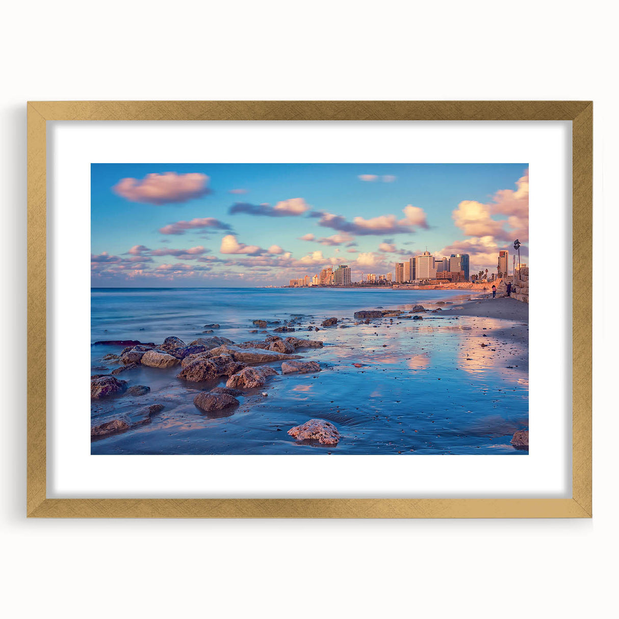 Extra large abstract art print depicting the Tel Aviv skyline with textured strokes in muted earth tones, framed in gold.