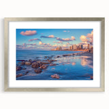 Textured abstract art print of Tel Aviv skyline in muted earth tones on a framed canvas, suitable for bedroom decor.