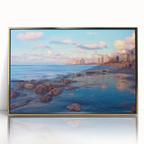 Mid-century modernist art of Tel Aviv skyline in muted gold tones, acrylic print framed, suitable for modern art wall decor.