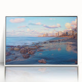 Acrylic print of Tel Aviv skyline in art deco style with muted colors, ideal for modern nursery wall decor.