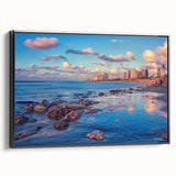 Black and white framed canvas of Tel Aviv landscape in vintage poster style, ideal for bedroom decor.
