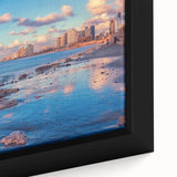 Extra large framed canvas featuring a textured depiction of Tel Aviv with vibrant, colorful art on a black background.