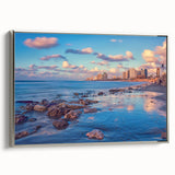 Framed canvas of a vintage Tel Aviv landscape, featuring muted earth tones with black accents, ideal for living room decor.