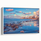 Vintage poster art of Tel Aviv skyline in colorful tones on extra large framed canvas, suitable for living room decor.