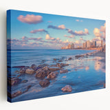Large canvas print of Tel Aviv cityscape in muted earth tones, suitable for kitchen wall art.