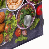 Large abstract wall art depicting a Middle Eastern scene in muted earth tones on acrylic glass.