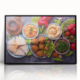 Large abstract wall art depicting a Middle Eastern scenery in muted earth tones on a framed acrylic.