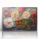 Mid-century modernist art depicting a serene Israeli landscape in muted earth tones on a framed acrylic.