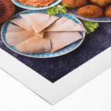 Art deco poster depicting a Middle Eastern landscape in muted earth tones on rolled canvas, suitable for dining room decor.