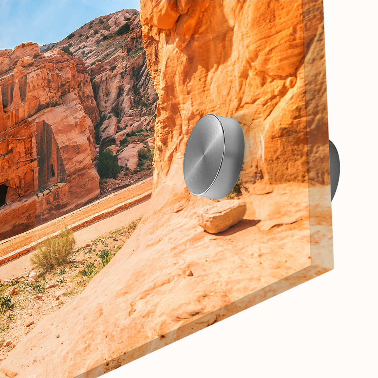Large abstract wall art featuring a mid-century modernist Jordanian landscape in muted earth tones on acrylic glass.