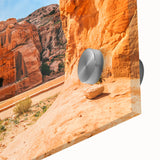 Large abstract wall art featuring a mid-century modernist Jordanian landscape in muted earth tones on acrylic glass.
