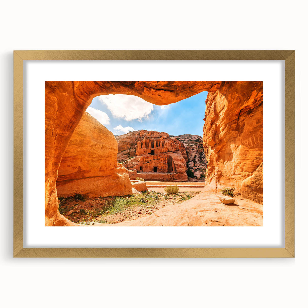 Extra large abstract art print of Middle Eastern scenery in gold frame, ideal for living room decor.