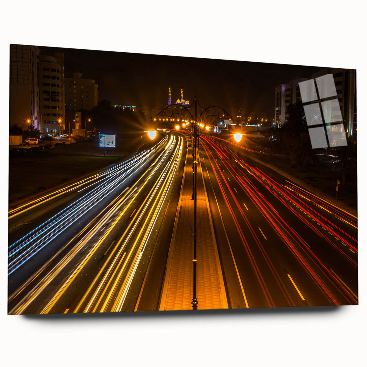 Large abstract wall art depicting Middle Eastern scenery in muted earth tones on acrylic glass.