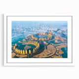 Abstract art print of a Qatar scenery in muted earth tones on a framed white mat, ideal for dining room decor.