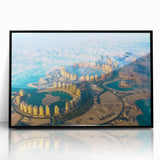 Large abstract wall art of Qatar scenery in muted earth tones on a framed acrylic, suitable for modern living room decor.