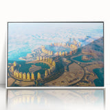 Modern art wall decor featuring a minimalist Doha, Qatar skyline in muted gray tones on a white acrylic framed poster.