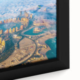 Close-up of extra large framed canvas featuring a textured, colorful Middle Eastern scenery, ideal for living room decor.