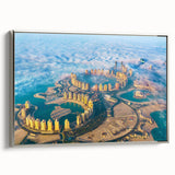 Framed canvas of a Qatar landscape painting in vintage poster style with a black and colorful art palette.