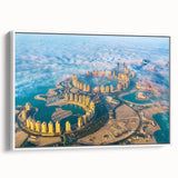 Vintage poster art of a scenic Middle-Eastern Qatar landscape on framed canvas with colorful palette.