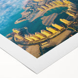 Art deco poster featuring a vibrant skyline of Doha, Qatar on a rolled canvas, ideal for dining room wall art.