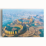 Black and white stretched canvas featuring a panoramic Qatar cityscape, ideal for kitchen wall art.