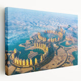 Large canvas wall art featuring a panoramic Qatar cityscape in muted earth tones, ideal for kitchen wall decor.