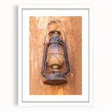 Abstract art print of a Saudi Arabian landscape in muted earth tones on a framed white mat, ideal for dining room decor.