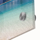 Large abstract wall art depicting the Abu Dhabi skyline in muted gold and blue tones on acrylic glass.