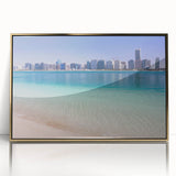 Mid-century modernist acrylic print of Abu Dhabi skyline in gold tones, ideal for modern art wall decor.