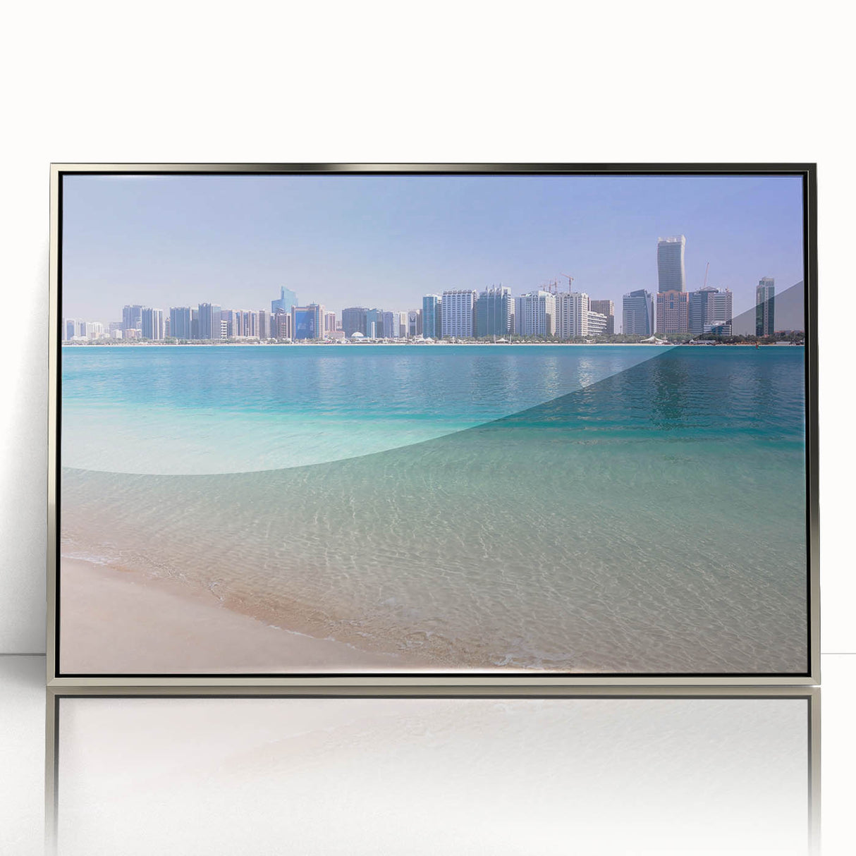 Mid-century modernist art of Abu Dhabi skyline in muted colors on a silver-framed acrylic print.