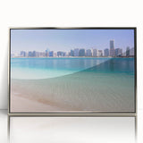 Mid-century modernist art of Abu Dhabi skyline in muted colors on a silver-framed acrylic print.