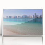 Art deco poster of Abu Dhabi skyline in muted gray and blue tones on framed acrylic, ideal for modern art wall decor.