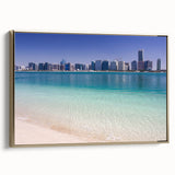 Framed canvas wall art depicting the Abu Dhabi skyline in black and gold tones, ideal for bedroom ambiance.