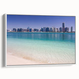 Vintage poster art of Abu Dhabi skyline in vibrant colors on a large framed canvas, suited for living room decor.