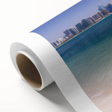 Art deco poster of Abu Dhabi skyline in monochrome tones on rolled canvas, suitable for dining room or bathroom wall art.