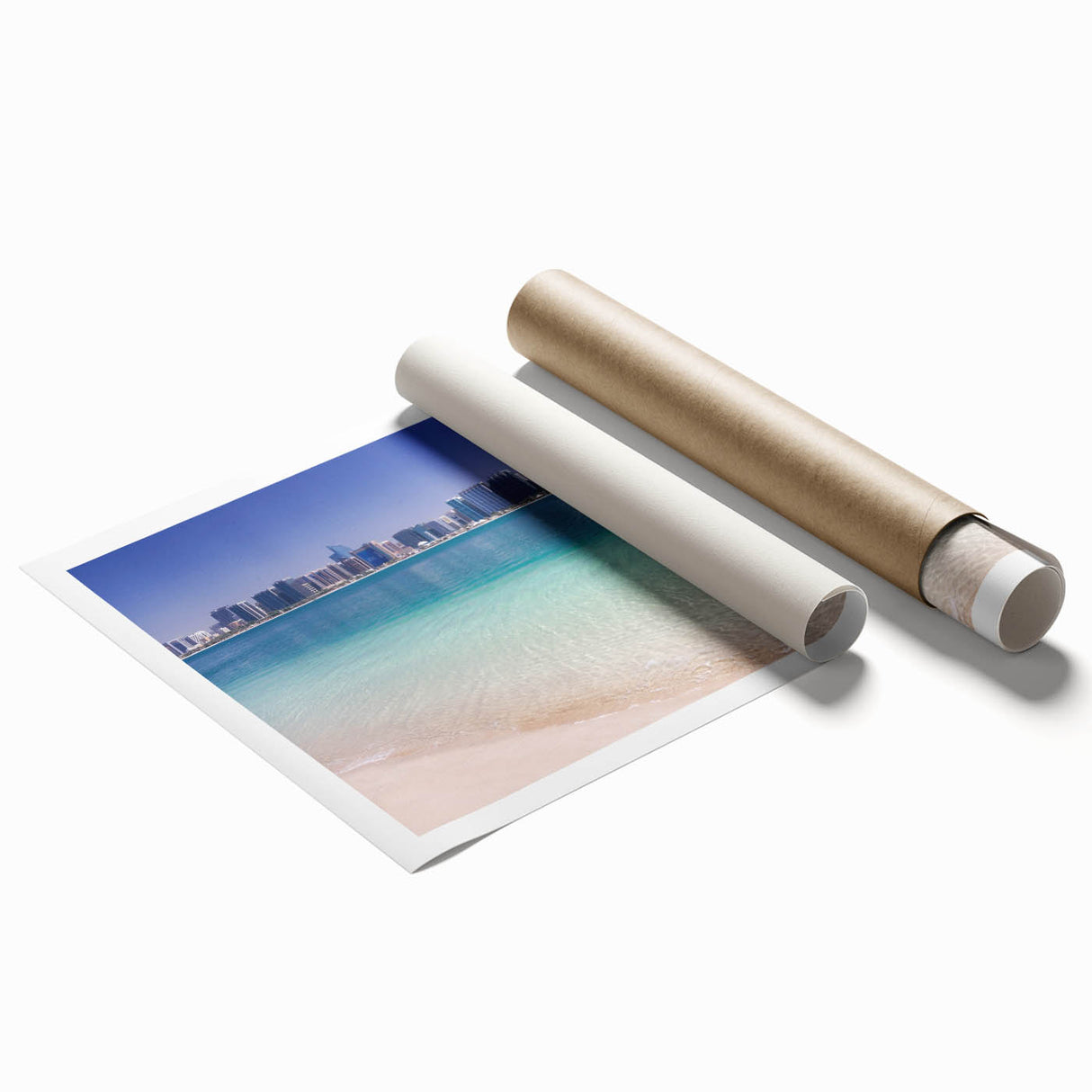 Extra large rolled print of Abu Dhabi scenery with floral elements in soft color tones.