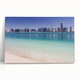 Black and white stretched canvas featuring the Abu Dhabi skyline, ideal for kitchen wall art or bedroom decor.