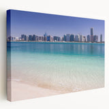 Panoramic view of Abu Dhabi skyline in muted earth tones on a large stretched canvas, suitable for kitchen wall art.