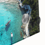 Large abstract wall art featuring oceanic blues and greens in a mid-century modernist style on acrylic glass.