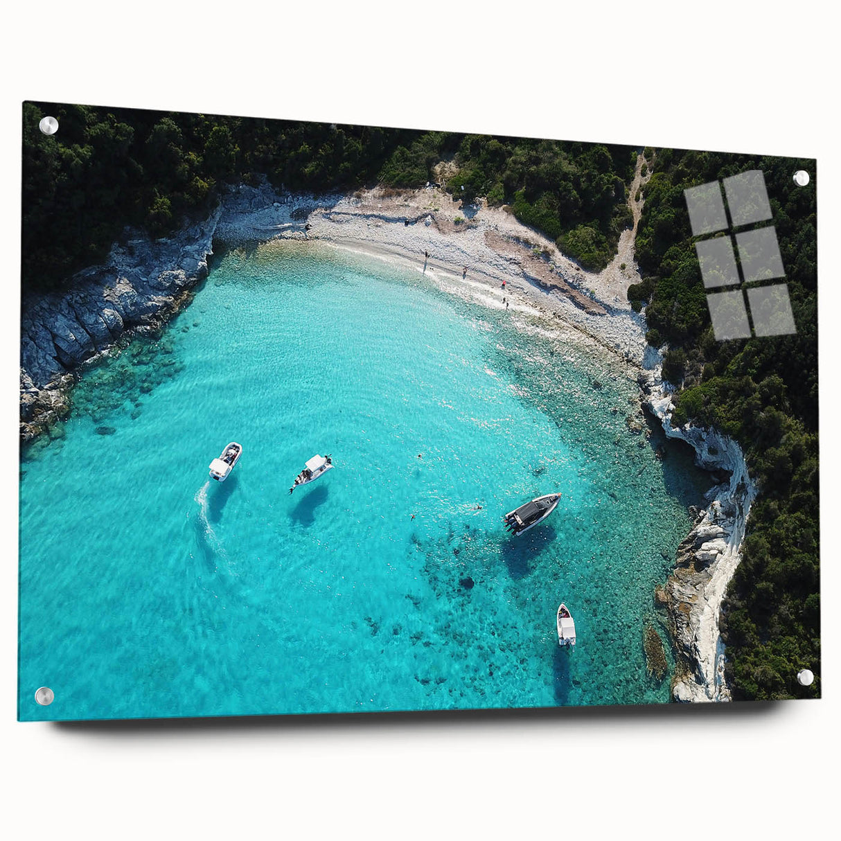 Large abstract wall art of an oceanic Fiji scenery on acrylic glass, suitable for bedroom or dining room decor.