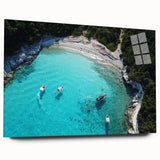 Large abstract oceanic scene in muted blue and green tones on acrylic glass, ideal for bedroom or dining room art.