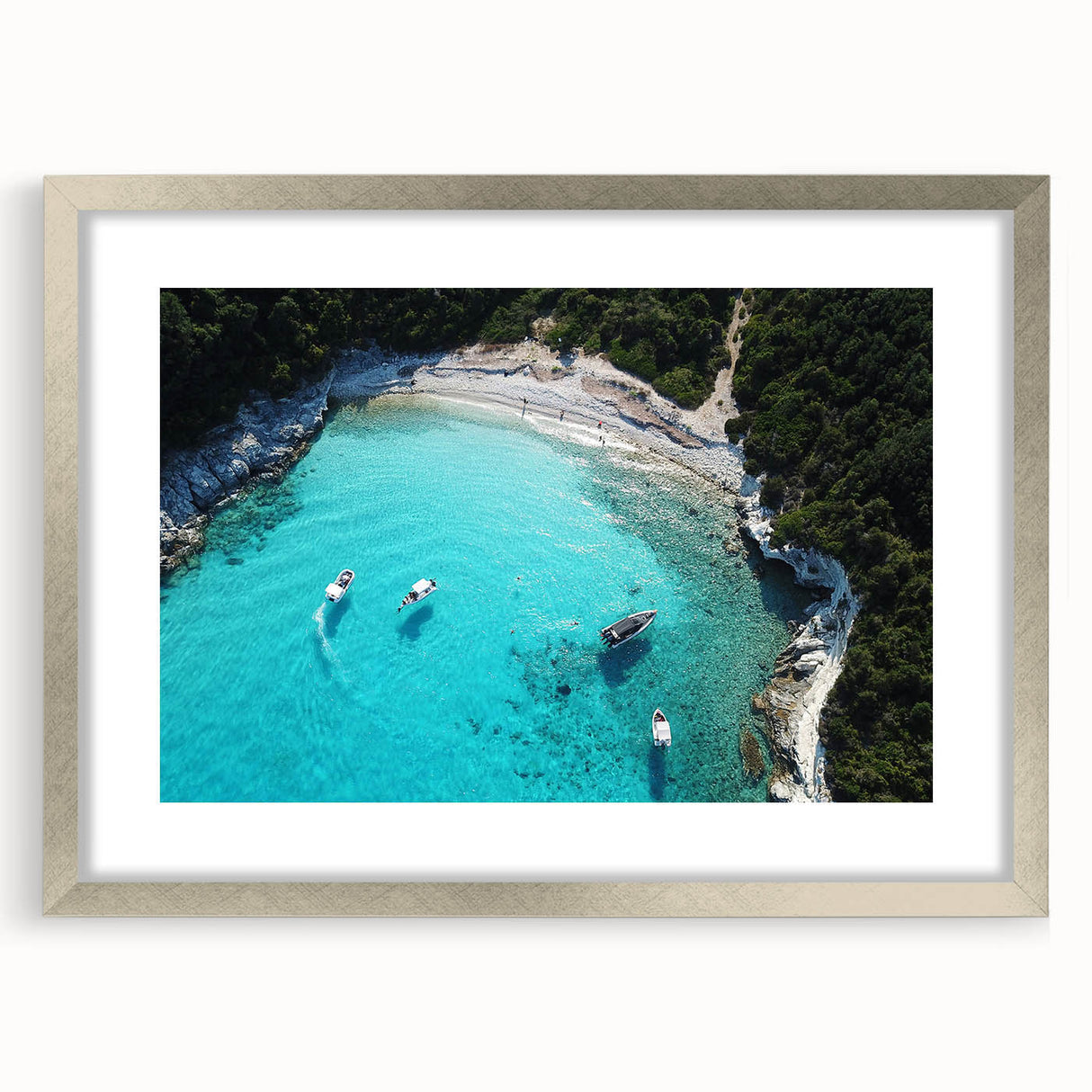 Textured art print of an abstract oceanscape in cool blue and gray tones on a framed silver mat, ideal for bedroom art.