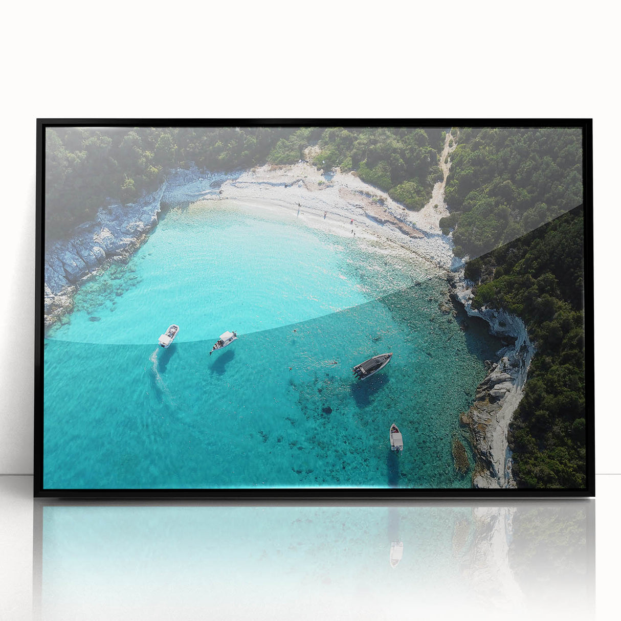 Large abstract wall art featuring oceanic hues and geometric shapes on a black framed acrylic.