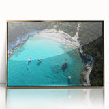 Framed acrylic print of a serene Fiji beach scene in soft blue and sandy hues, ideal for modern art wall decor.
