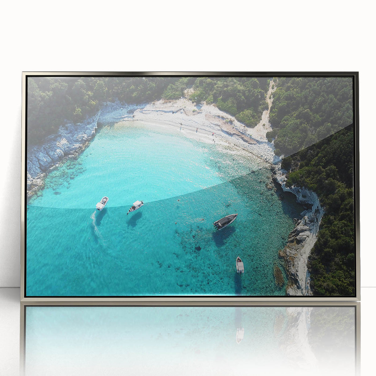 Mid-century modernist art depicting a serene Fiji landscape in pastel colors on a silver-framed acrylic.