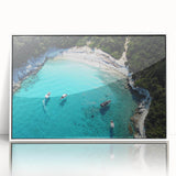 Art deco poster of a serene Fiji landscape in pastel blue and green tones, framed acrylic, ideal for nursery wall art.