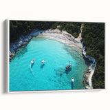 Framed canvas landscape art painting of a Fiji beach with vibrant blue waters and greenery, ideal for living room decor.