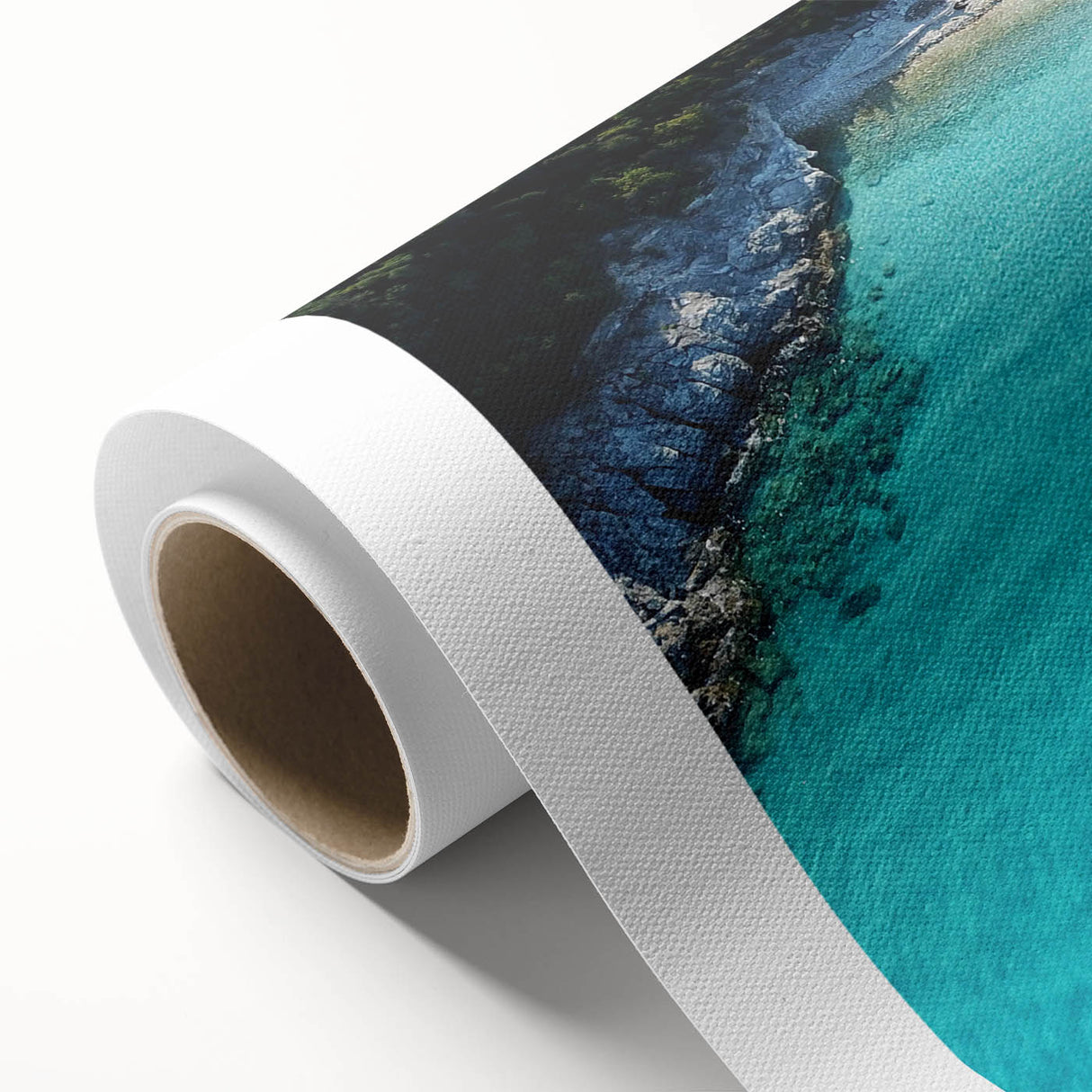 Art Deco style poster of Oceania Fiji scenery on rolled canvas, featuring serene blue and green tones.