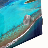 Large abstract wall art of French Polynesia's Bora Bora in vibrant blue and green tones on acrylic glass.