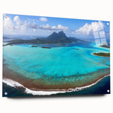 Acrylic print of Bora Bora scenery, featuring turquoise waters and lush islands, ideal for bedroom or dining room decor.